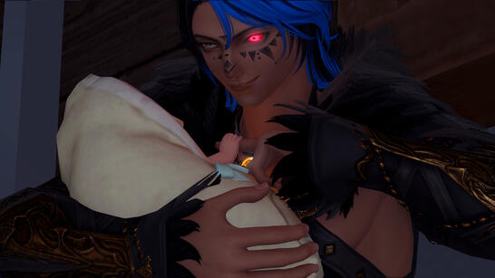 Deimos holds Scylla in his arms, while she reaches out to touch his finger. There's a soft, adoring look on his face that he would NEVER let anyone else catch on his face.