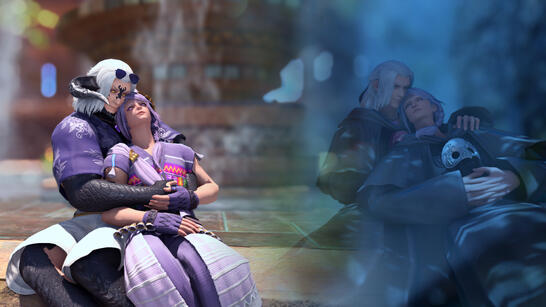 On the left, Hyth and Hades embrace as viera and au ra in the rooftop garden in Tuliyollal in front of the fountain, an echo of the image on the right of the two embracing in a very similar way in Elpis in front of a waterfall as ancients.