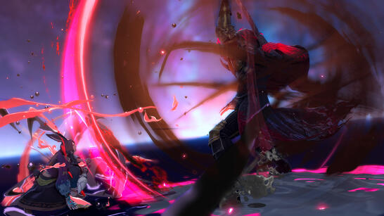 Shun takes the brunt of Zenos' attack, all while Dynamis-fueled paint surges and strikes around them, intensifying each and every emotion the two experience.