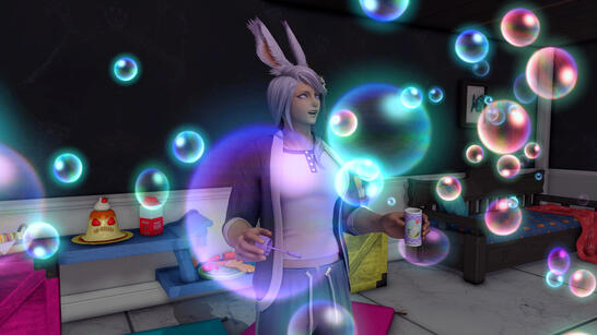 Hyth blows a truly excessive amount of bubbles in the house he shares with Hades, looking up in wide-eyed wonder at them.