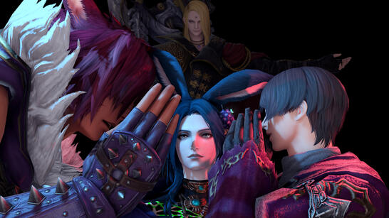 Fandaniel whispers in Shun's left ear, while Sett whispers in his right, and all the while Zenos looms over them all in the background as if pulling Shun's strings.