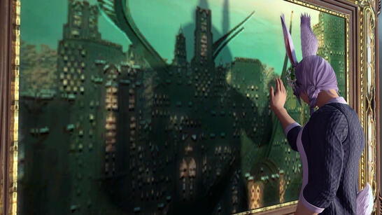 Hyth stands mounrfully before a painting of Amaurot in his and Hades' house, one hand up and resting against the canvas.